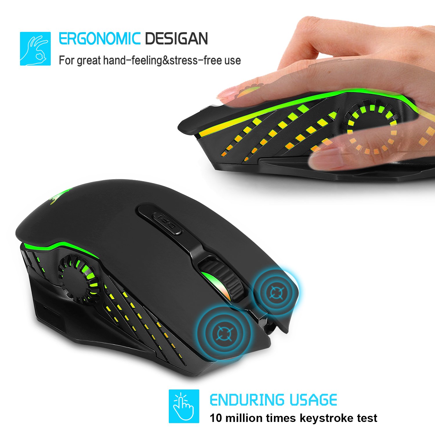 Wireless Mouse Mactrem W200 Rechargeable Battery 4 DPI levels gaming mouse for Mac ,Windows2000/XP/ME/VISTA/WIN7/WIN8/Sensitivity 7 Buttons Lighting in 6 Colours for PC and WIN10 (Black)