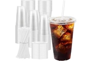 Clawsoff 100 Pack 20 oz Plastic Cups with Lids and Straws Sturdy Food Safe Iced Clear Coffee Cups Disposable Smoothie Cups for Cold Drinks
