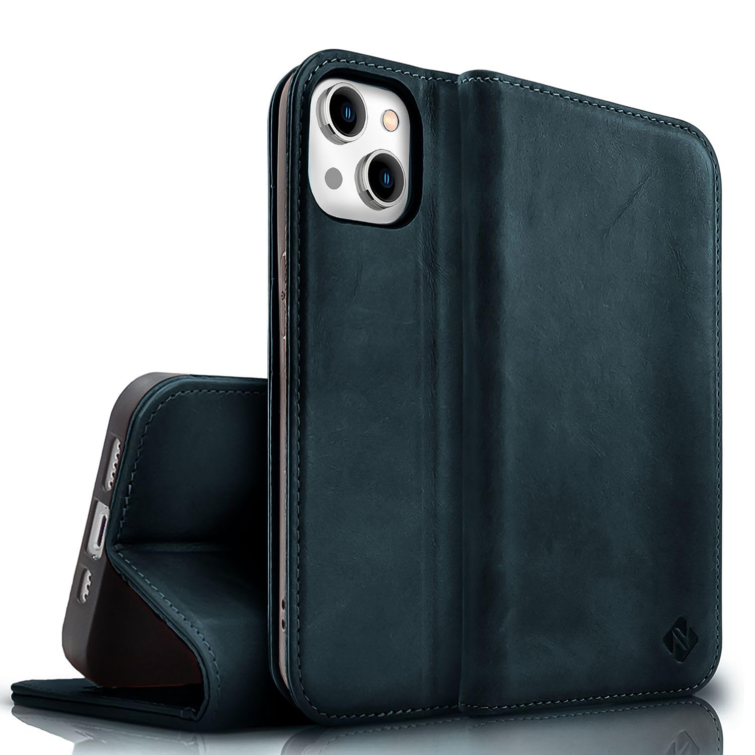 NALIA Genuine Leather Case for iPhone 15 - RFID Wallet & Magnetic Closure - LEVANTO (Handmade Book Cover) - German Brand, Color:Dark Blue