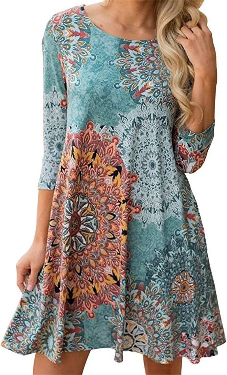 Andaa Womens 3 4 Sleeve Ethnic Printed Casual Midi Dress Crew Neck Floral Flowy Tunic Top Dress (Peacock, XXL)