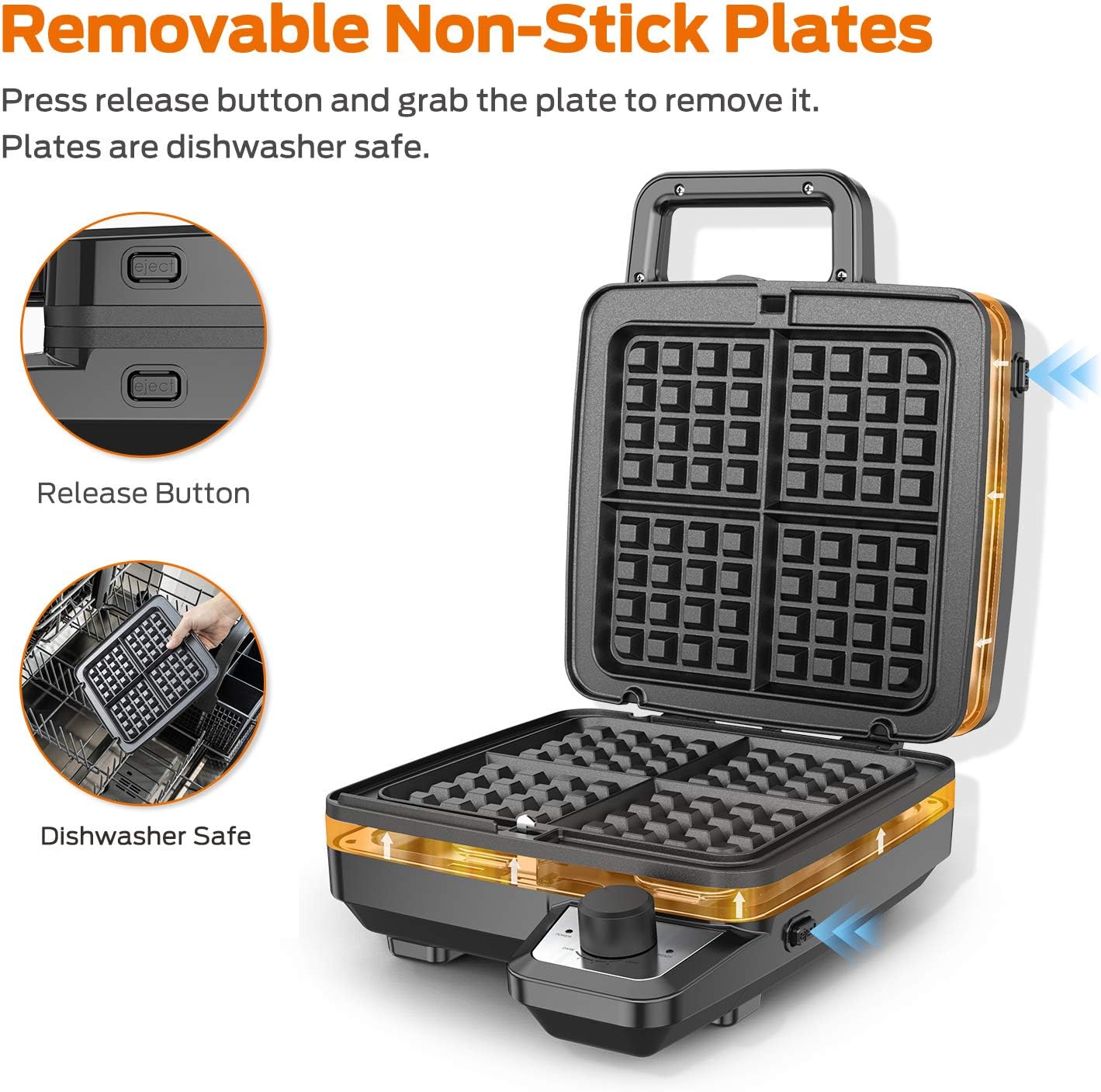 Elechomes Waffle Maker with Removable Plates, 4-Slice Belgian Waffle Iron, Anti-Overflow Nonstick Grids, Browning Control, Indicator Light, Compact Design, Recipes Included, Stainless Steel: Kitchen & Dining
