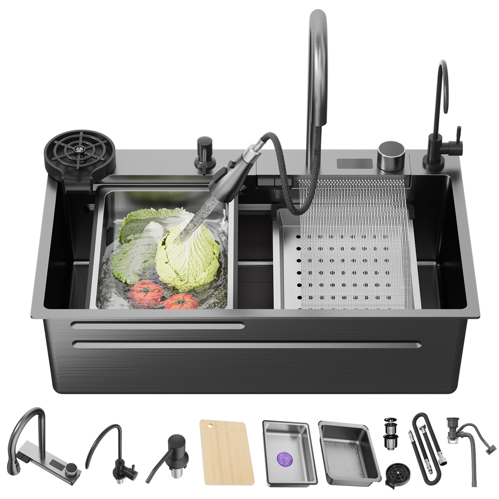 Photo 1 of Kiamates 29.5 Inch Black-Grey Nano Kitchen Sink and Waterfall Faucet, 29.5x18x9 Single Bowl Stainless Steel Workstation Kitchen Sink with Digital Display and Faucet Combo Set,Countertop/Drop-in