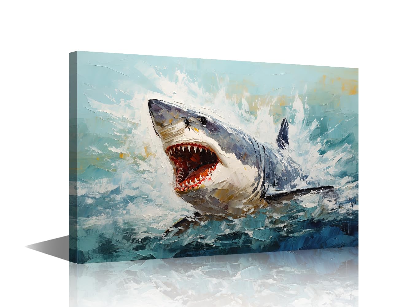 Painting of a Shark with Open Mouth Prints Poster Canvas Wall Art Home Decor for Living Room Animal Wallpaper Oil Painting Wall Decor Framed Ready to Hang (24"W x 16"H)