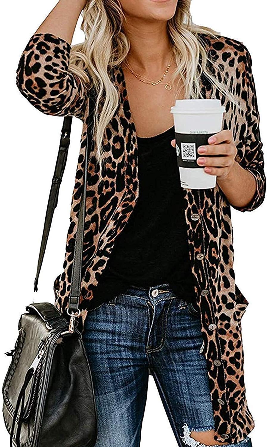 QegarTopWomen's Leopard Printed Cardigans Shirt Lightweight Button Down Cardigans Coat W Pockets(S-2XL)
