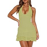 Women's Summer Dresses 2026 Sexy Halter V Neck Backless Hollow Out Ruffle Bodycon Cocktail Party Vacation Mini Dress