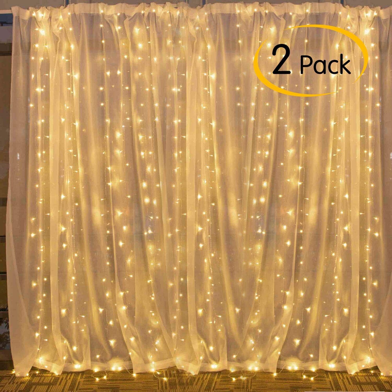 Moonflor 2 Pack Window Curtain Lights with 300 Led, 8 Lighting Modes, 9.8 Ft. Hanging Twinkle String Light for Bedroom Wedding Party Indoor Backdrop Wall Decorations, Warm White