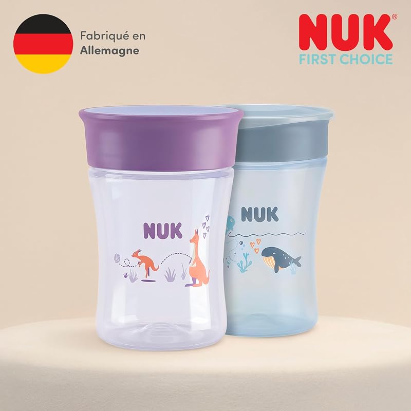 Tasse à bec NUK Magic Cup | À partir de 8 mois | 230 ml | Bord anti-fuites à 360° | Biberon pour tout-petits | Baleine et kangourou | Lot de 2