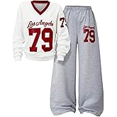 RoseSeek Girl's 2 Piece Outfits V Neck Long Sleeve Jersey Tops and Number Graphic Pants Set