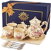 YOLIFE Porcelain Tea Set Vintage Rose, Tea Cups with Teapot, Serving Tray and Teaspoon Service for 4, Suitable for Tea Party Gifts