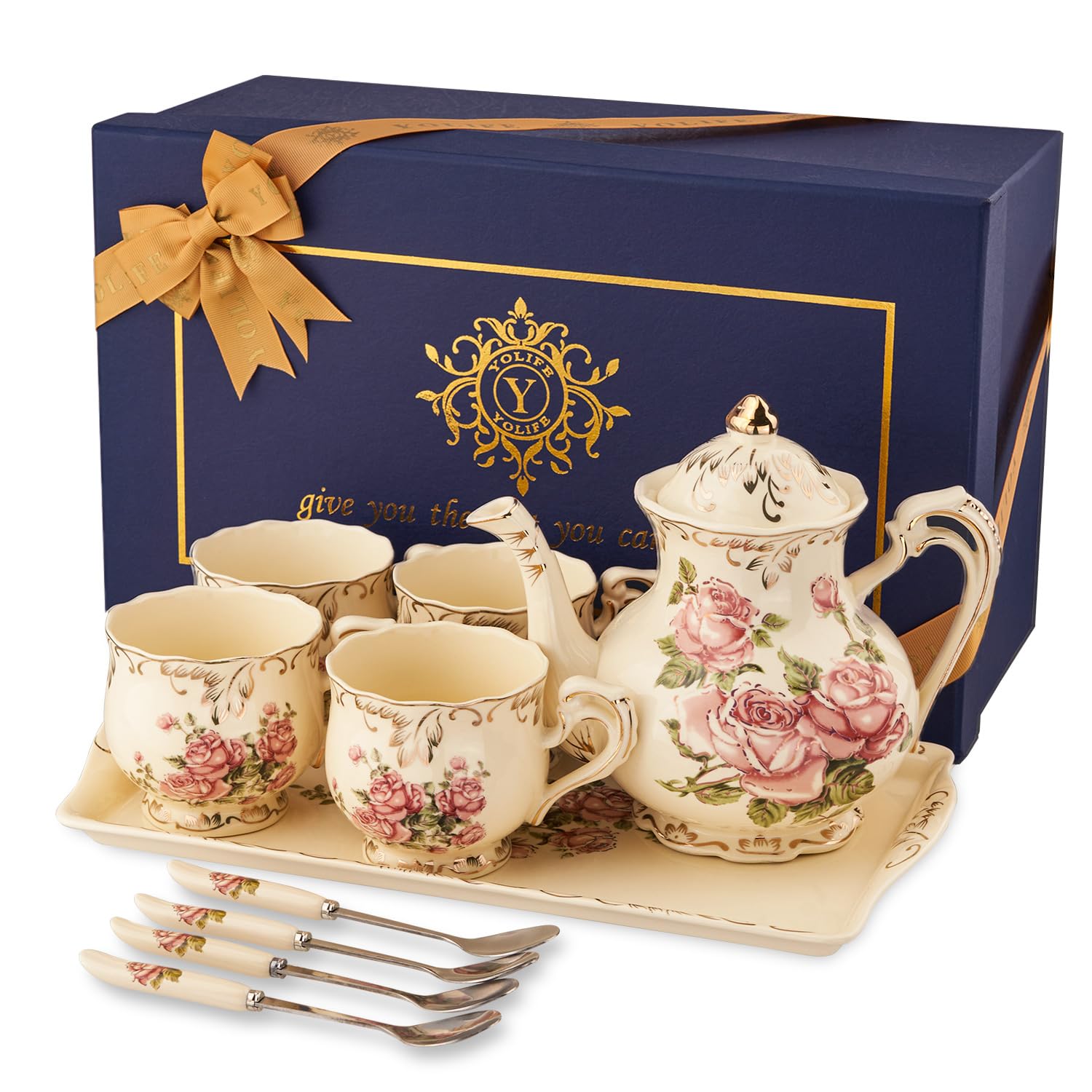 YOLIFE Pink Rose Tea Set, Ivory Vintage Ceramic Afternoon Tea Set with Gold Leaves Edge, Gift for Adults Women Tea Party Service