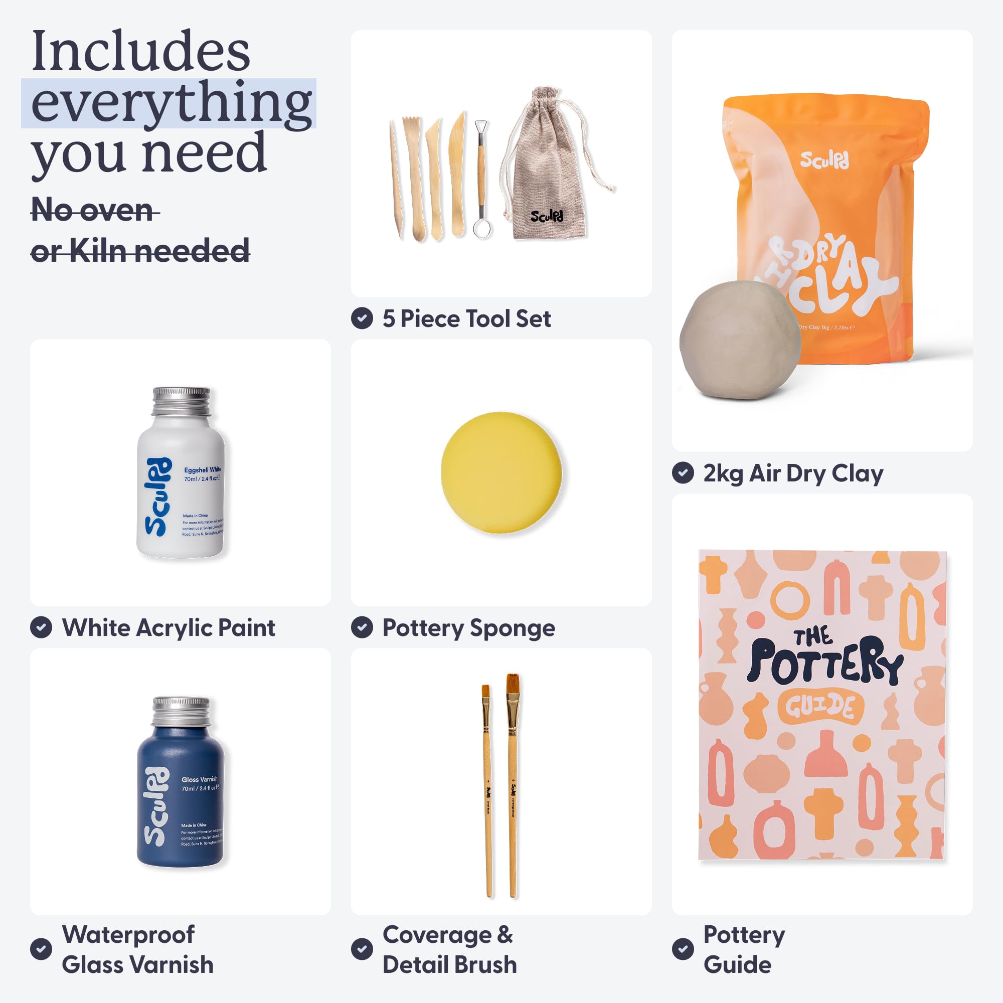 Sculpd - The Original Pottery Kit - Complete Air Dry Clay Kit for Adults Includes Sculpting Tools, Varnish, Paint Brushes, Guides, Arts & Crafts Sets, Gloss Varnish