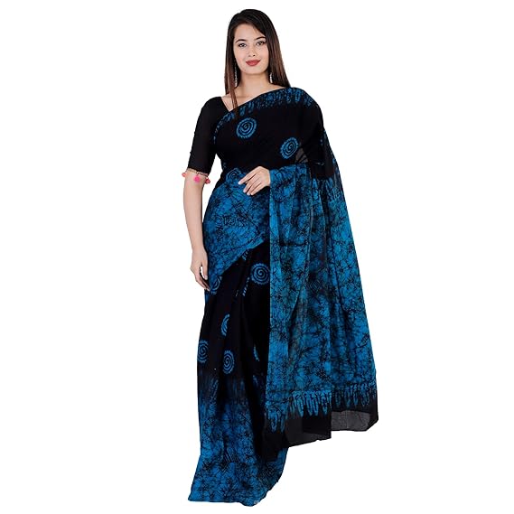 Pure Cotton Mal-Mal Printed Saree With Blouse Piece BLACK AND FAROGI CHAKERY BUTA BORDER MOM BATIK NETURAL HAND BLOCK PRINT (Cotton malmal,FIROGI)
