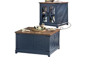 Farmhouse Coffee Table Sets 2 Pieces, Large End Side Tables with Charging Station and Coffee Table with Hidden Storage Compar