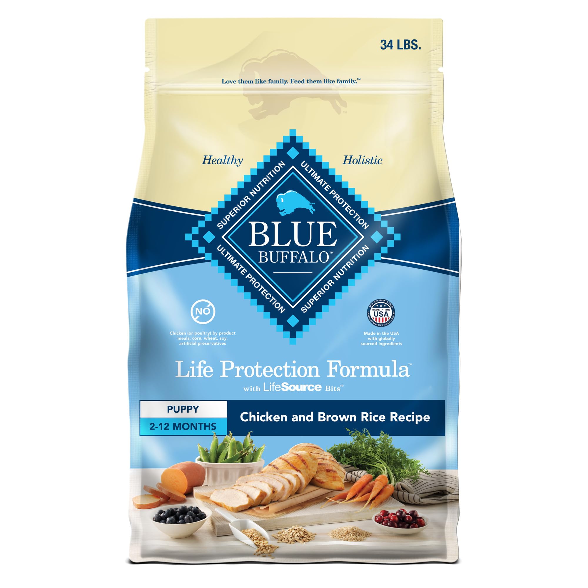 Blue Buffalo Life Protection Formula Puppy Dry Dog Food with DHA and ARA, Made with Natural Ingredients, Chicken & Brown Rice Recipe, 34-lb Bag Image
