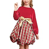 CHILDRENSTAR Girls Christmas Dresses Velvet Long Sleeve Holiday Metallic Plaid Bubble Dress for Kids 3-13Y