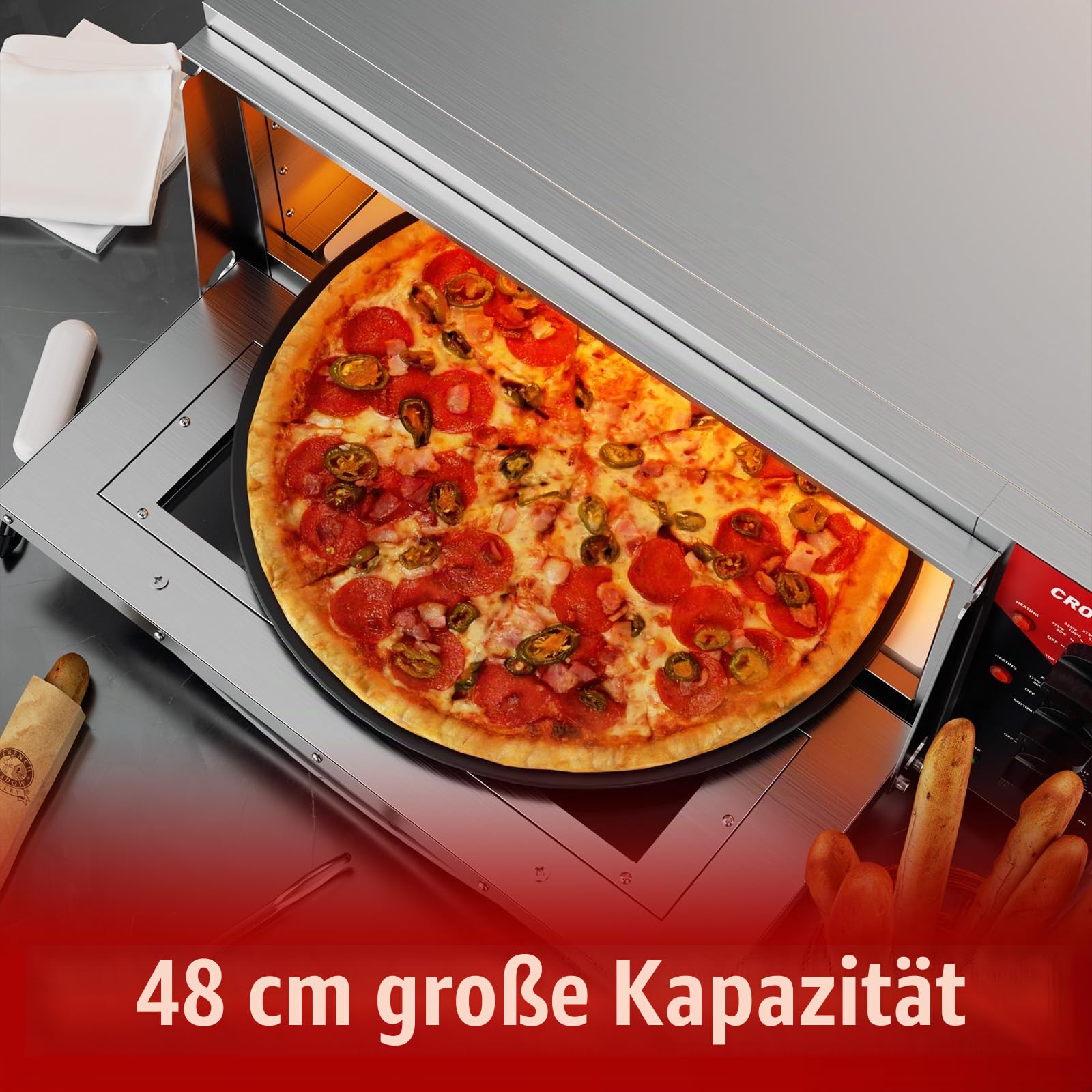CROSSON Kommerzieller Pizzaofen Backofen mit 50 * 50CM Schamottstein,Elektrischer Pizzaofen aus Edelstahl Temperatur bis 350℃,30-Minuten-Timer,Innenbeleuchtung,3000W 3