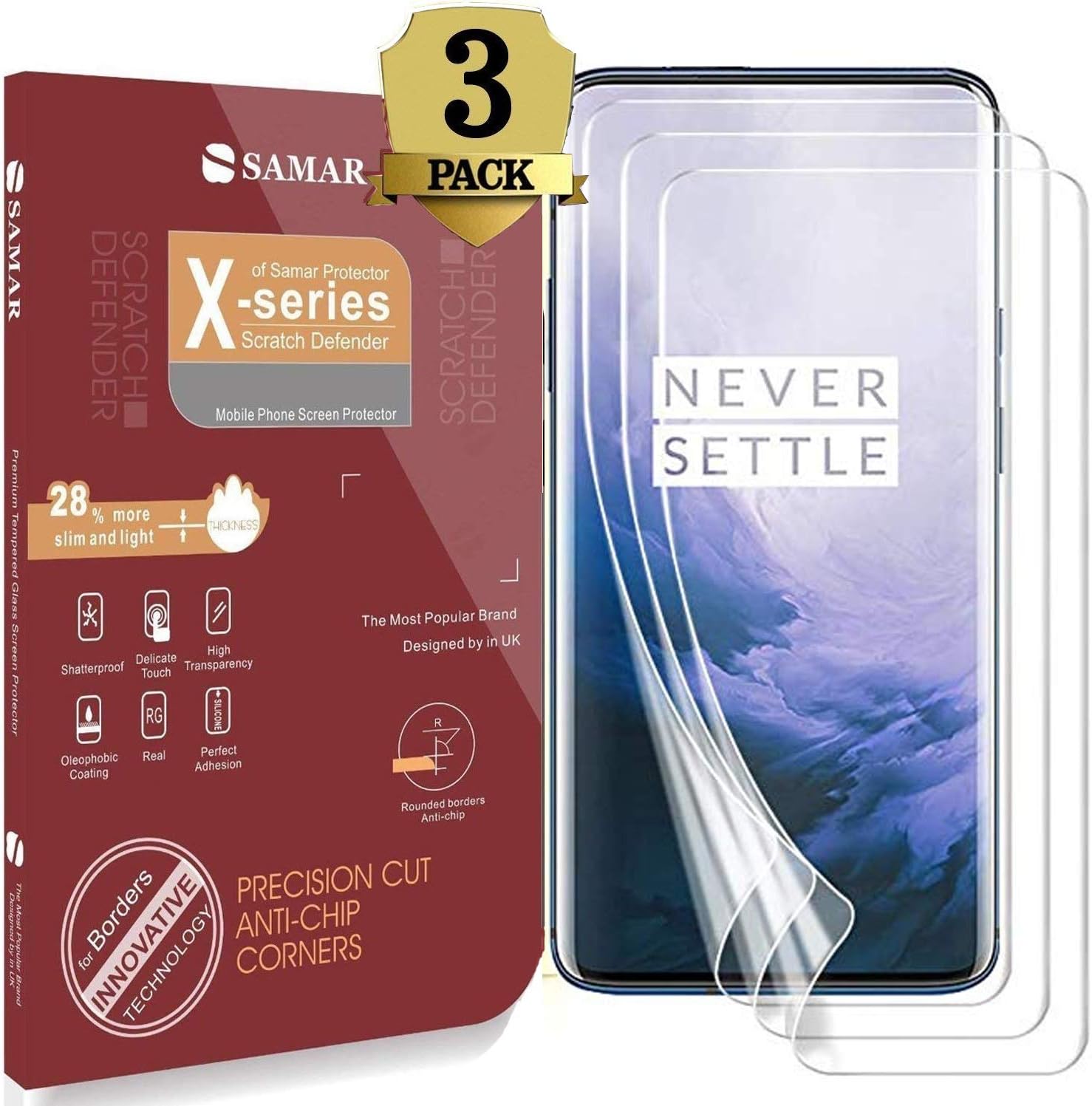 SAMAR Screen Protector 3 in Pack for OnePlus 7 Pro, Premium Quality, Case Friendly, Crystal Clear Protectors, Full Size and work with in display fingerprint compatible with OnePlus 7 Pro