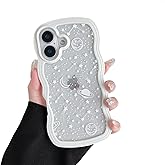 ZTOFERA for iPhone 16 Case 6.1 inch,Cute Curly Wave Frame Shape Case with Star Space Pattern, Clear Slim Shockproof Hard PC Bumper Phone Cover for iPhone 16, White