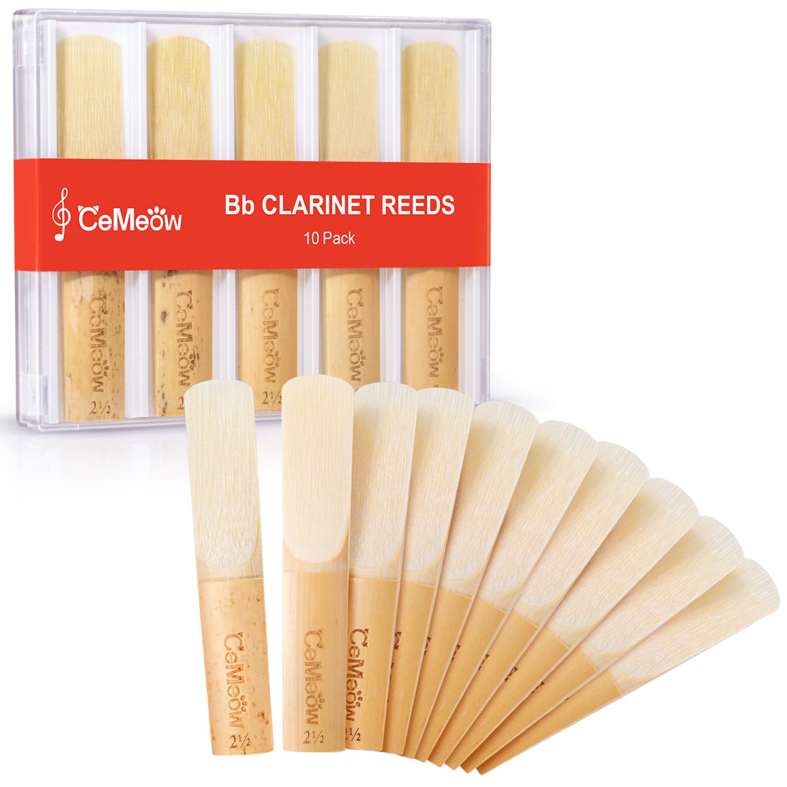 Photo 1 of Clarinet Reeds 2.5, CeMeow Traditional Reeds for Clarinet Beginner 10Pack with Plastic Box, Thinner Reed Tip Advanced Cutting Technology for Clarinet Beginner and Player