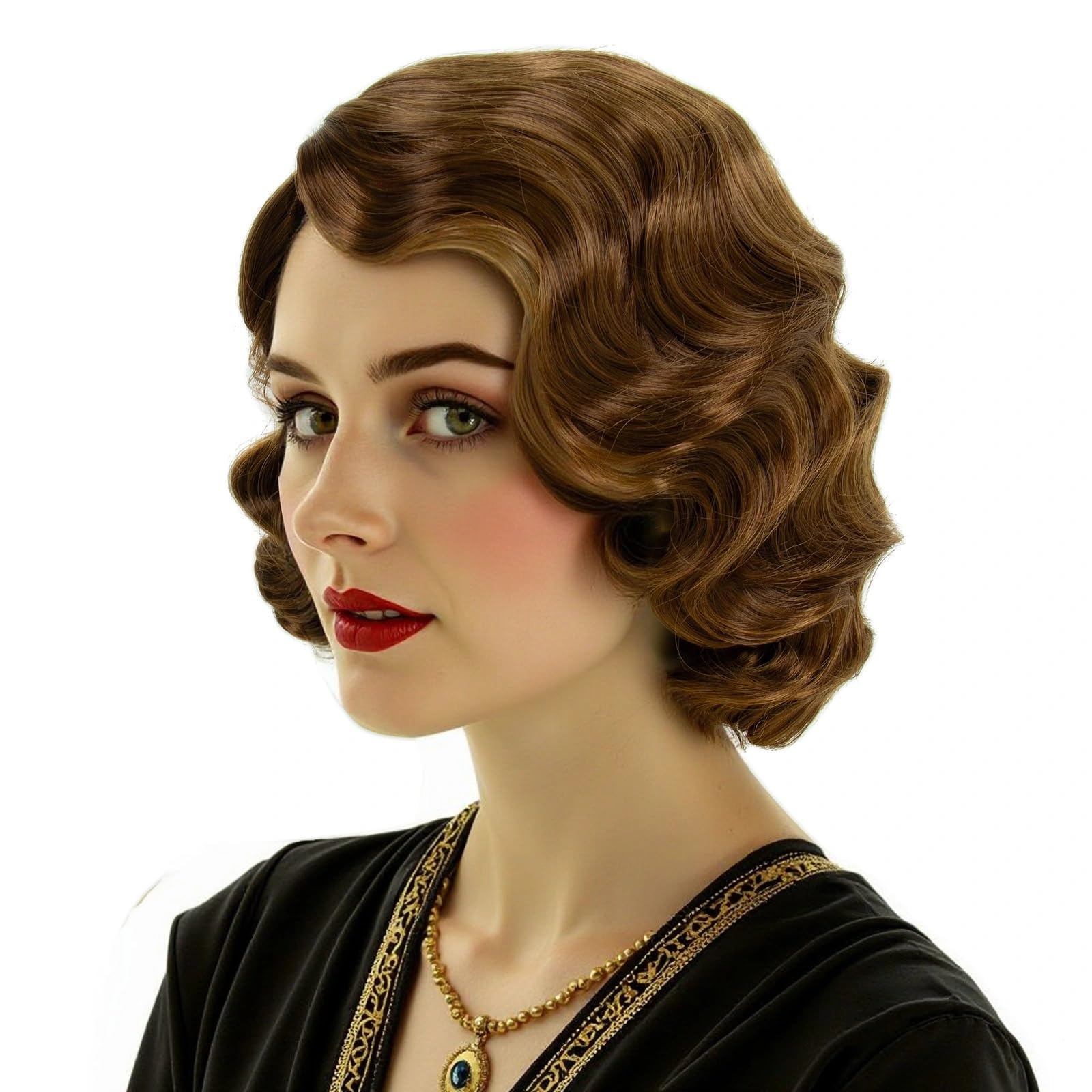 Photo 1 of MEDISIFA Short Brown 1920s Wig for Women Gatsby roaring 20s Finger Wave Party Synthetic Full Vintage Wigs for Womens Lady Cosplay Costume Fancy Dress 1920 Flapper Wig