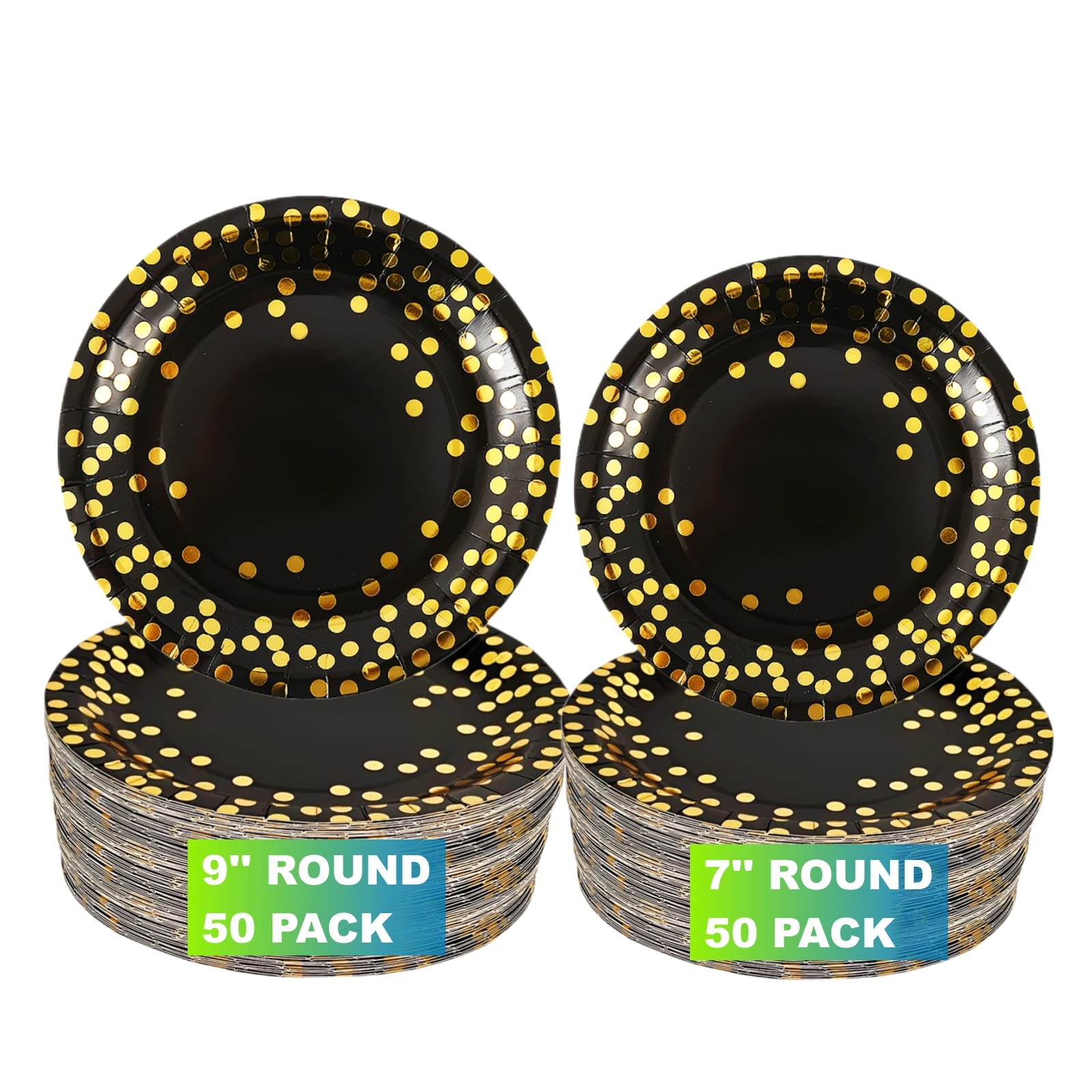 CEILIWEN Round Disposable Black and Gold Plates, 100 Pack Golden Dots Paper, 50 x 9 and 50 x 7 Party Dinner Plates, Foil Polka Dots Black and Gold Party Supplies