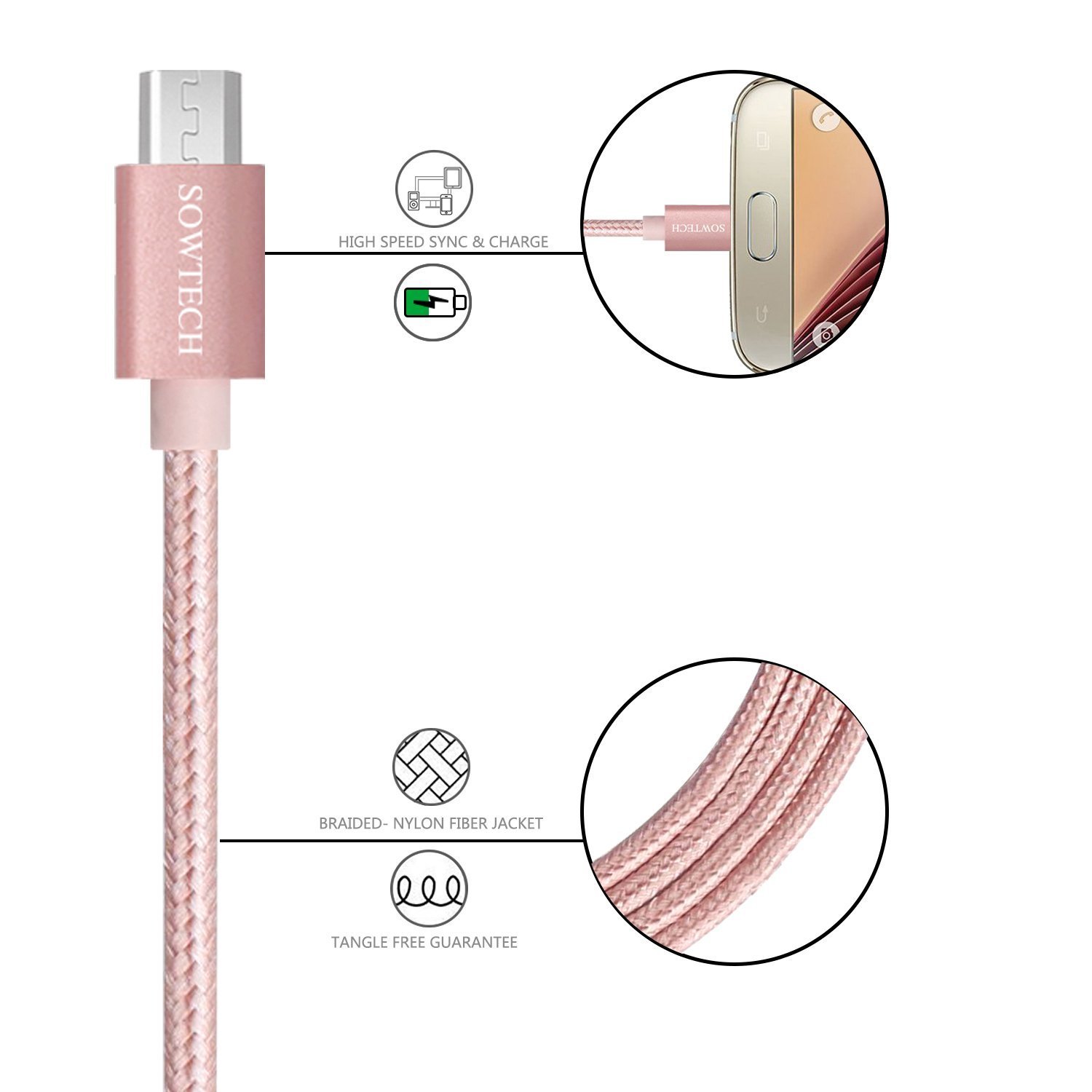 Micro USB Cable SOWTECH 5 Pack 1ft/2x3ft/2x6ft Durable Nylon Braided Interconnects USB 2.0 A Male to Micro B Sync and Charging Cords for Android Phones and Tablets - Rose