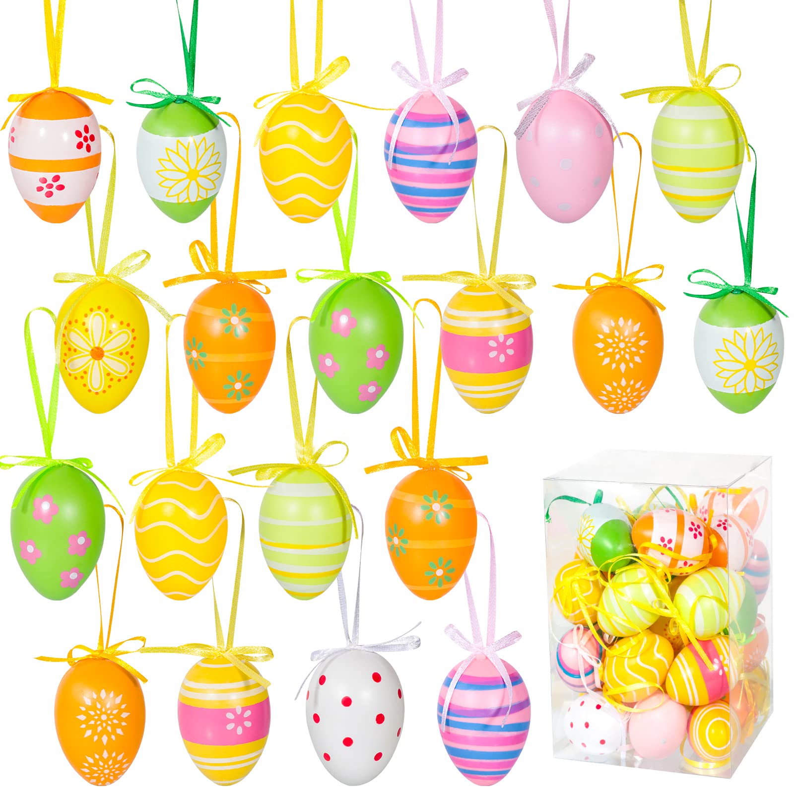 Garma 36 PCS Easter Hanging Plastic Eggs Decorations Colorful Eggs Painted Ornaments with Bow, Easter Tree Ornaments Decor for DIY Crafts Party Favor Home Decor Pascua Exchange Gifts