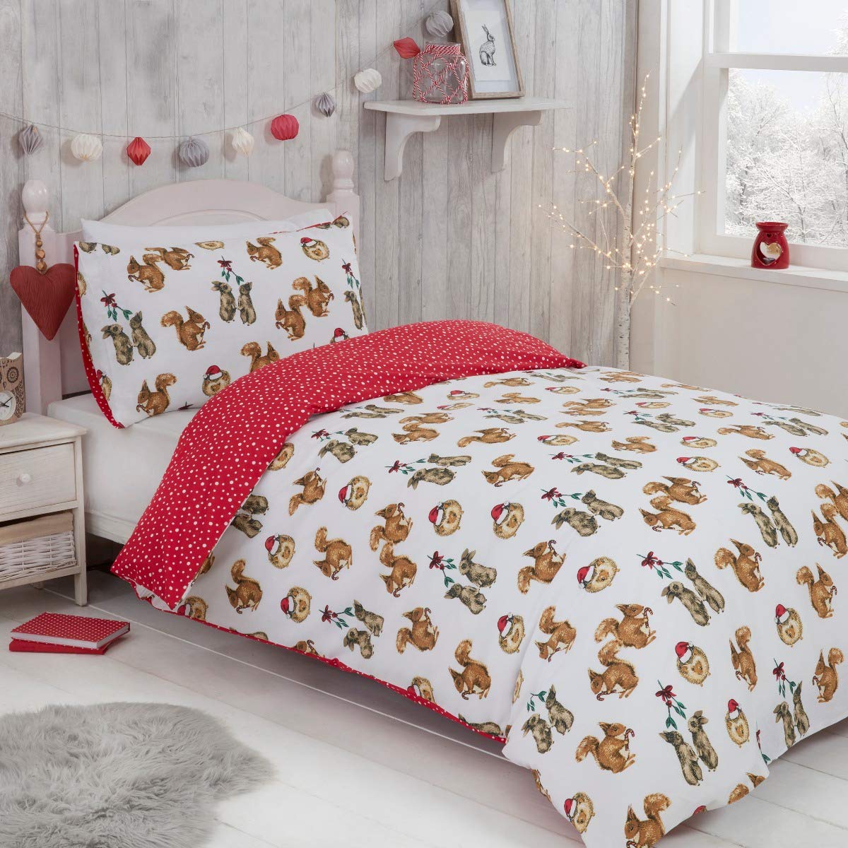 Sleepdown Forest Animals Red White Reversible Duvet Cover Bedding Set With Pillowcase Single 135cm x 200cm