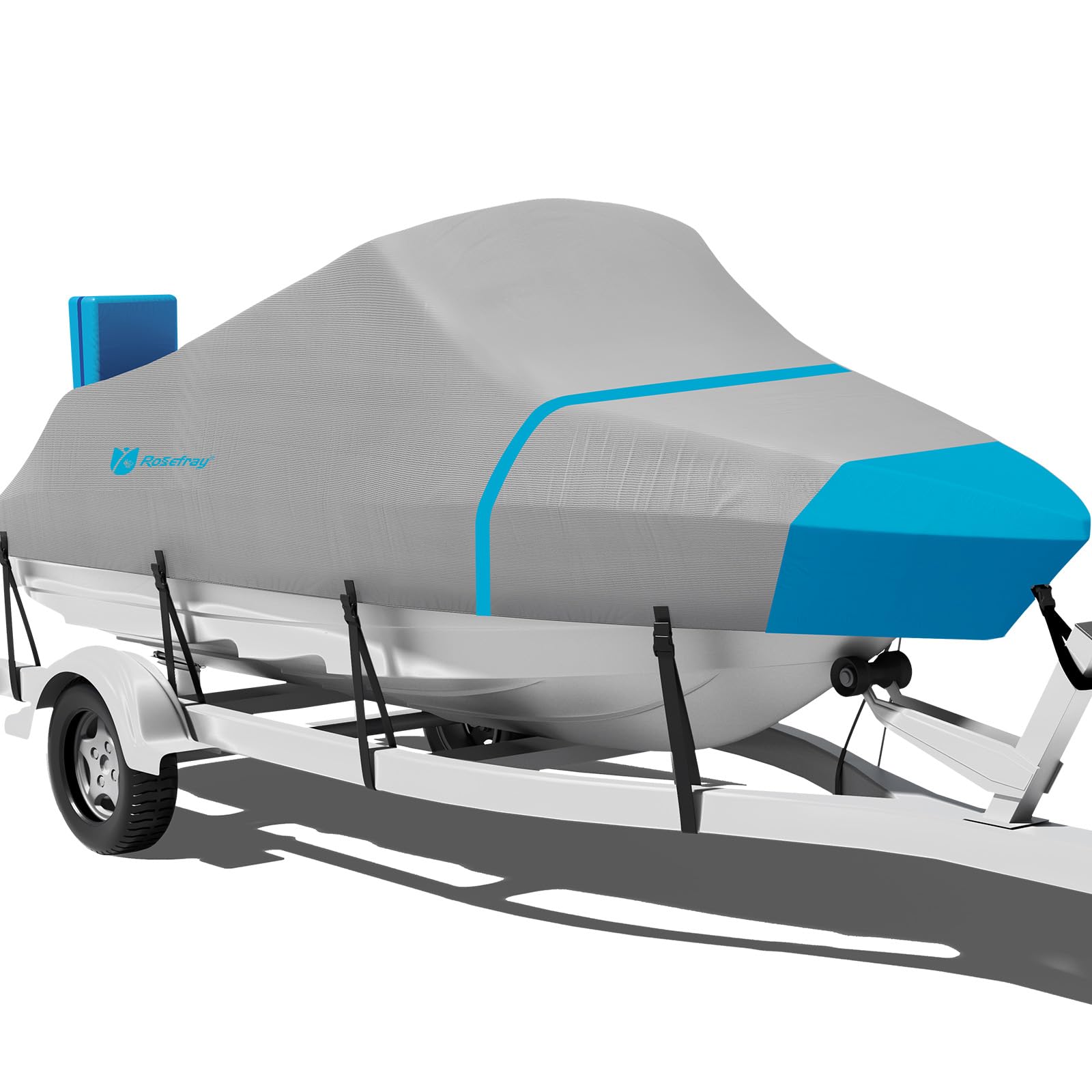 Photo 1 of Rosefray 900D Boat Cover, Heavy Duty Waterproof Bass Boat Covers with Motor Cover Fits V-Hull/Tri-Hull/Fish/Ski/Runabout Boat,Fade-Proof Trailerable Boat Cover Fit 20'-22' L 100" Width Gary/Blue