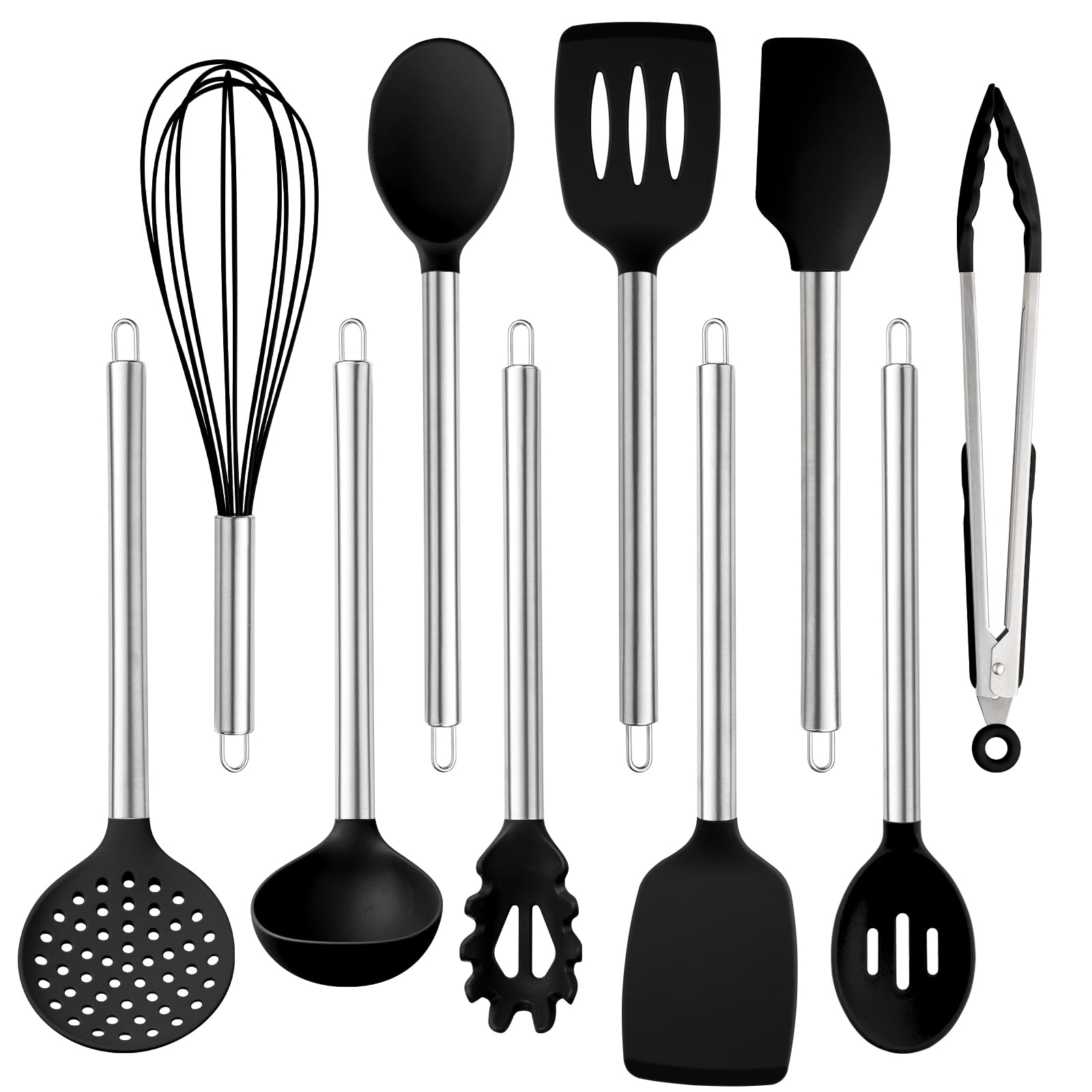 COOK WITH COLOR Silicone Cooking Utensils, Kitchen Utensil Set, Easy to Clean Silicone Kitchen Utensils, Cooking Utensils for Nonstick Cookware, Kitchen Gadgets Set, 10 Pieces, Black Image