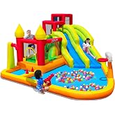 MIRUNAIR Inflatable Bounce House with Slides, Inflatable Water Slide for Kids Backyard, Bounce Water Prak with Air Blower, Splash Pool, Water Cannon, Climbing Wall, Outdoor Backyard Water Park