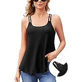 V FOR CITY Women's Tank Tops with Built-in Bra Flowy Eyelet Embroidery Camisole Adjustable Spaghetti Strap Camis Shirts
