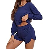 ft FENTENG Women's Ribbed Knit Pajama Set - Soft & Breathable 2-Piece Sleepwear, Long Sleeve Top & Shorts, Cozy Loungewear