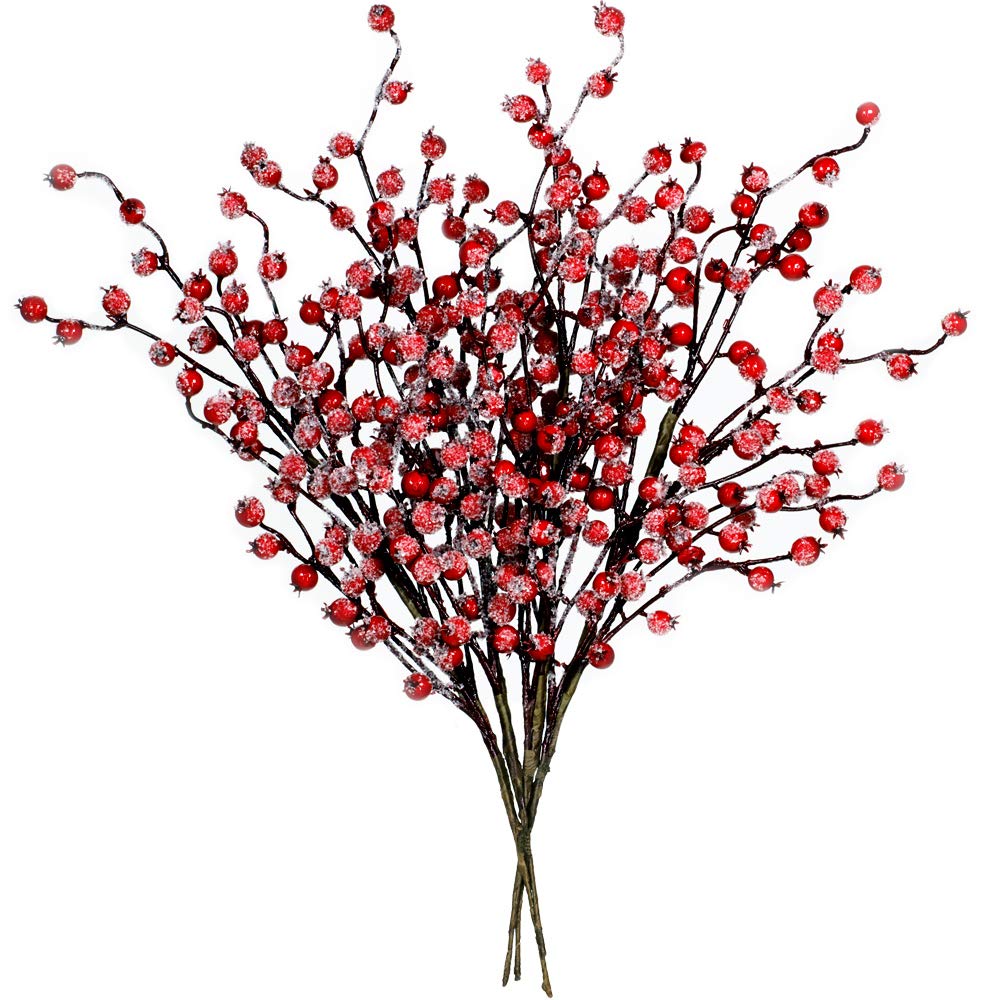 Photo 1 of 4 Pack ICY Red Berry Picks Artificial Christmas Berry Spray Iced Berry Stems Red Berry Twig Branches for Christmas Holiday Winter Floral Arrangement Centerpiece Seasonal Decoration 18.8" Tall