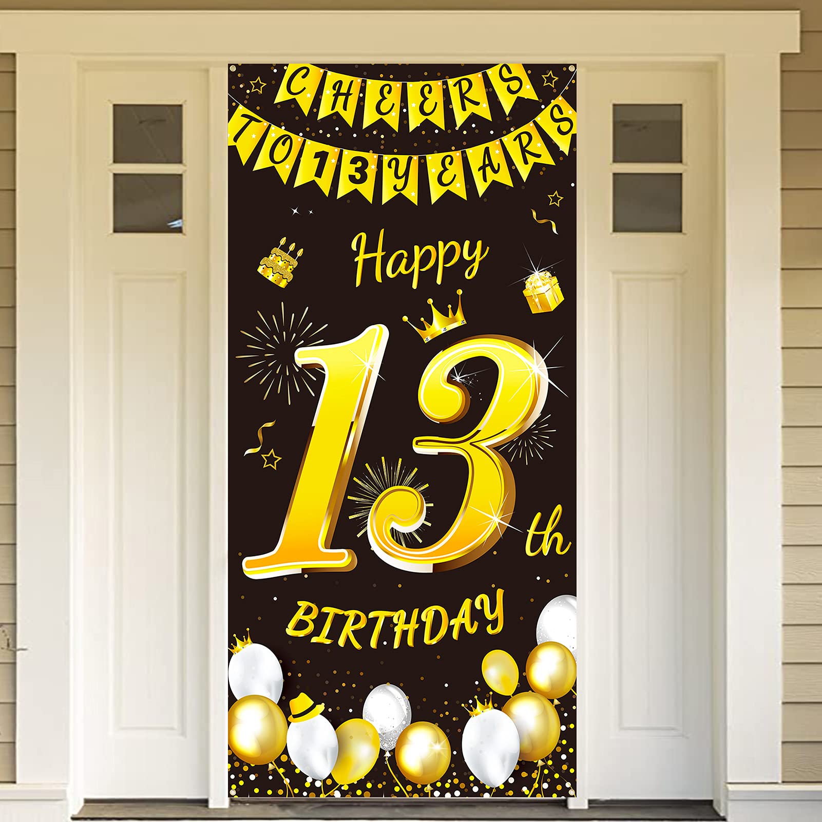 DPKOW Black Gold 13th Birthday Decoration for Boy Girl, Black Gold 13th Birthday Banner for Backdrop Door Decoration Garden Table Wall Decoration, 185 x 90cm Fabric