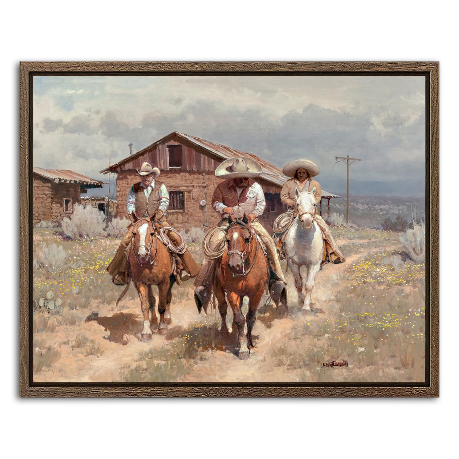 Vintage Western Wall Decor Cowboys Framed Wall Art for Bedroom Living Room Western Landscape Canvas Prints Paintings Rustic Farmhouse Wall Pictures Retro Western Artwork Home Decorations 20x25cm