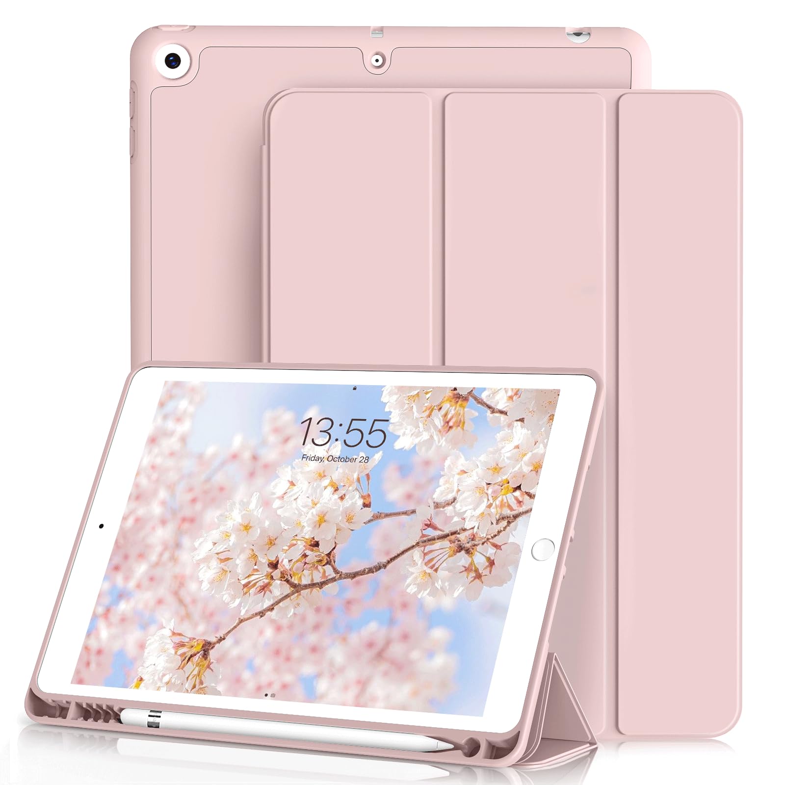 ZOYU Case for iPad 9th/8th/7th Generation with Pencil Holder, Slim Stand Smart Case with Soft TPU Back Cover, Auto Sleep/Wake for iPad 10.2 Inch 2021/2020/2019, Pink — image 1