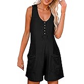 AlvaQ Womens Short Jumpsuits Solid Color Summer Casual Waffle Button Front Sleeveless Rompers with Pockets
