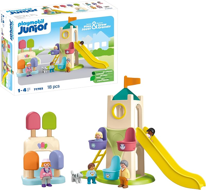 71703 Junior : Aire de Jeux avec Toboggan géant - Comprenant Un Stand de Glace, Un Toboggan et Une Grande Roue - Jouet fabriqué à partir de matière d'origine végétale - Dès 12 Mois