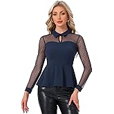 Allegra K Women's Mesh Blouse Long Sleeve Keyhole Neck Lapel Collar Vintage Gothic Peplum Top