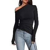 Meetrendi Women's Sexy Off Shoulder Tops Dressy Long Sleeve Asymmetrical Slim Fit Going Out Fall Blouse Ruched Shirts