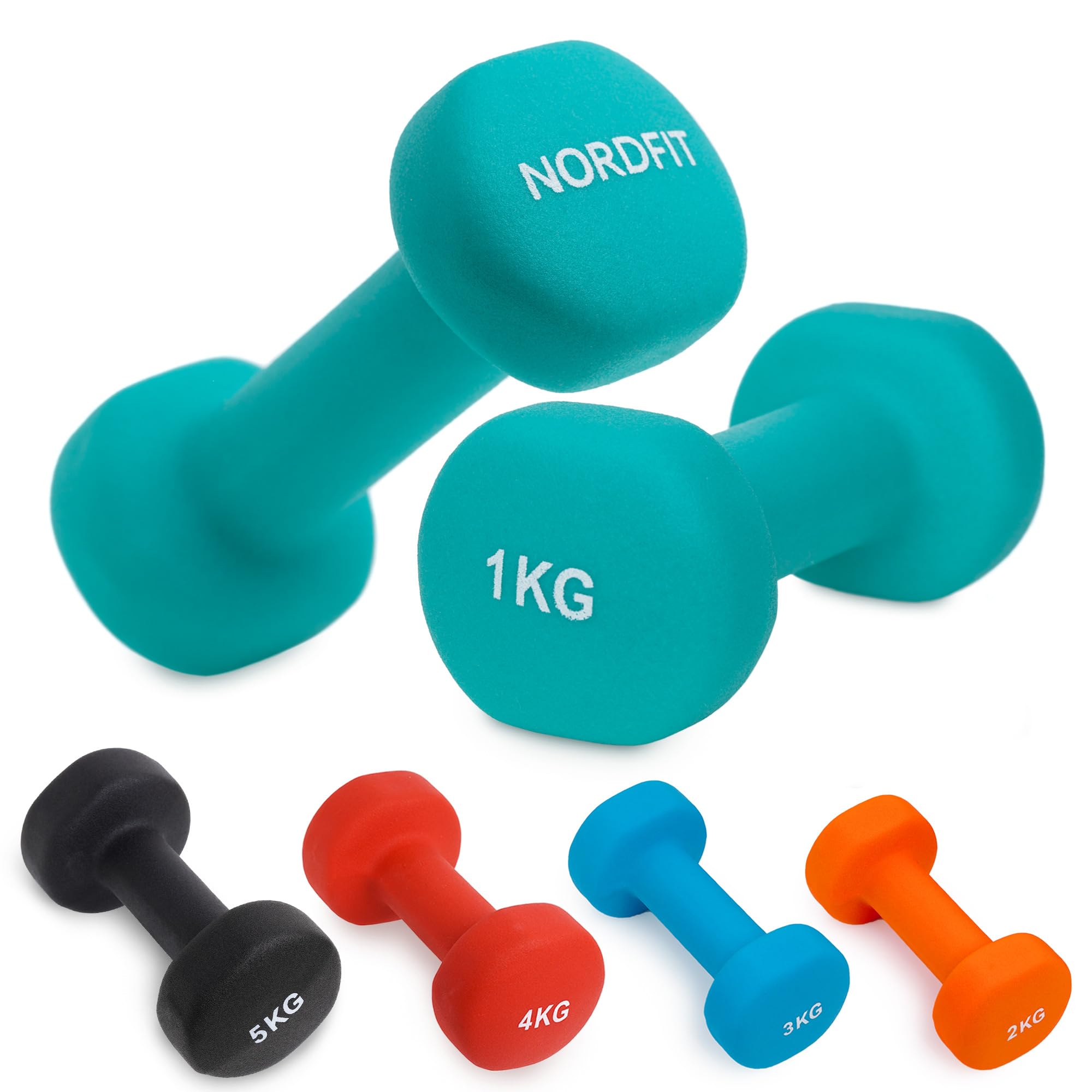 Neoprene Coated Dumbbells for Home Exercise, Pilates, Gym, Cardio, Dumbbell Weights Set in 1kg 2kg 3kg 4kg 5kg Pairs by Nordfit (1kg Pair (Turquoise))