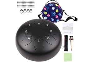 MUSFUNNY Steel Tongue Drum Kids Instrument: Musical Metal Tank Drums Set 6 Inch 8 Notes C-Key for Meditation Yoga Education Percussion with Bag, Music Book, Mallets, Finger Picks(Black)