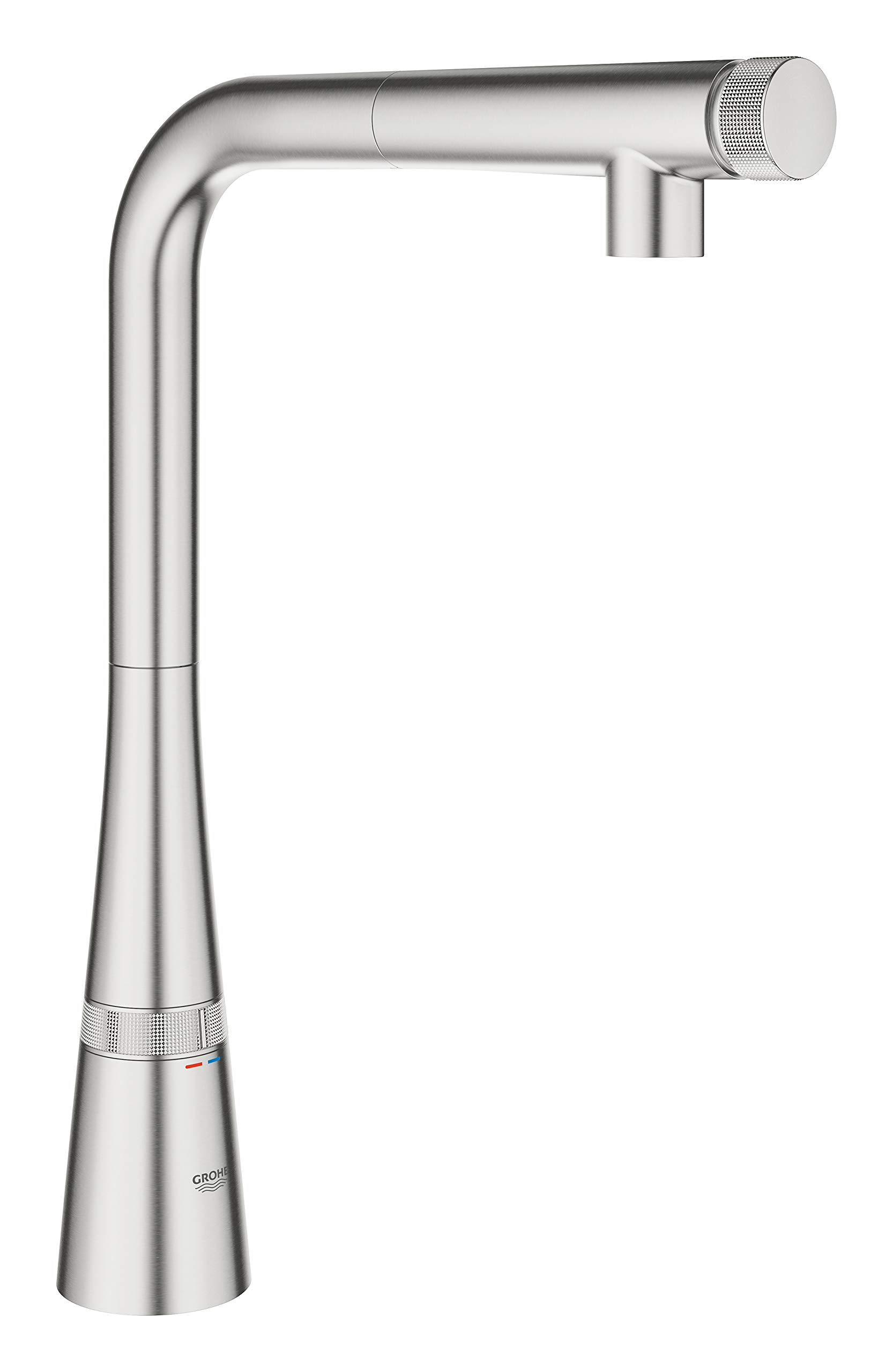GROHE Zedra Smartcontrol Kitchen Tap High L-Shape Tap with Pull-Out Spray Head, 140° Swivel Range, Stainless Steel Look Water-Saving 31593DC2