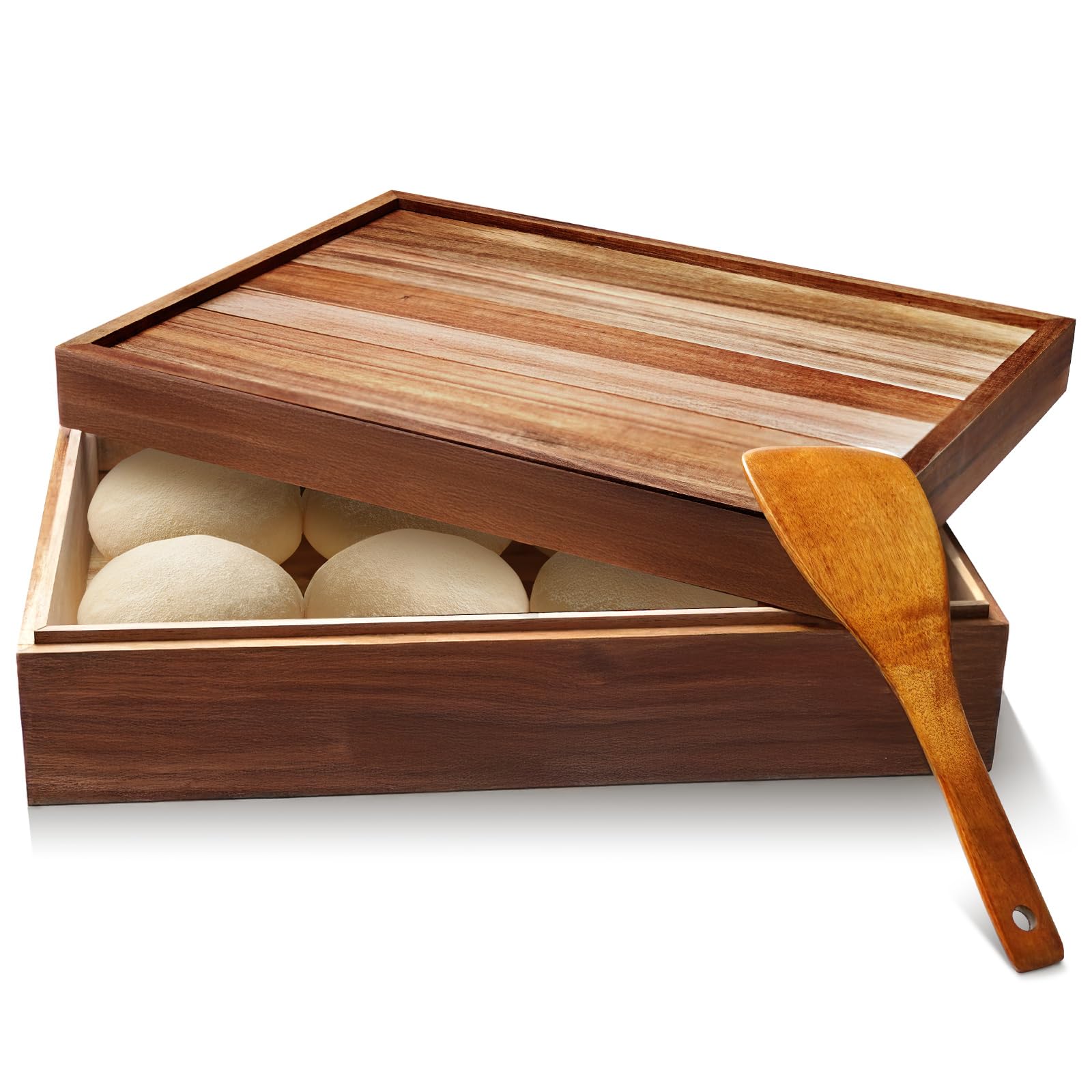 Photo 1 of Soxcivise Wooden Pizza Dough Proofing Box with Spatula, 16'' x 12'' Fits 4-6 Dough Balls Proofing, Handmade From Natural Acacia Wood, Bread Dough Fermentation Storage Container for Home & Bakery