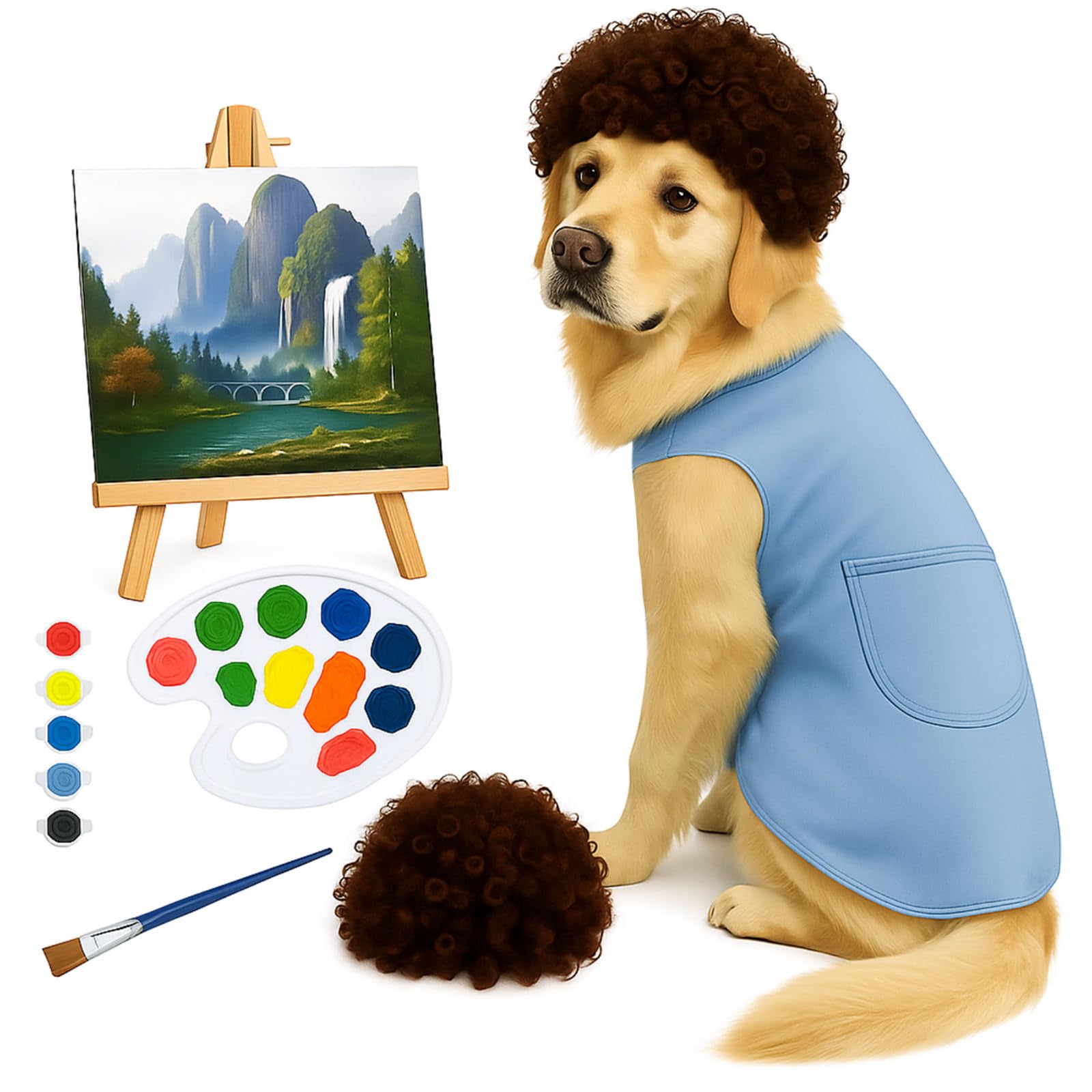 Photo 1 of Sunnymove 7 Pcs Halloween Pet Costume Set for Large Dog 80s Painter Dog Costume Accessories Including Clothes Afro Wig and Paintbrush, Painting, Palette for Pet Halloween Cosplay