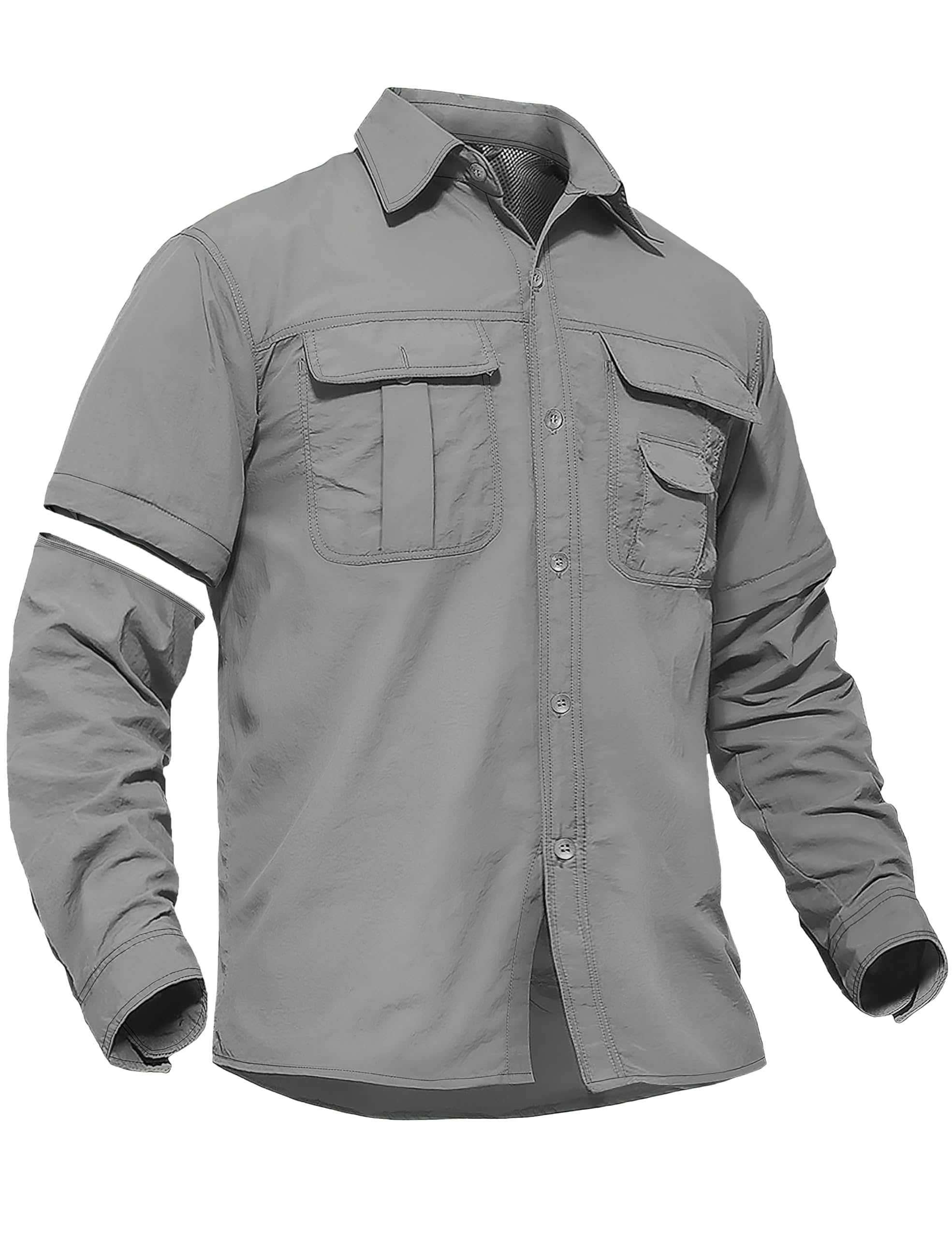 TACVASEN Camisas de Pesca de Manga Larga para Hombre Camisas de Sol Ligeras y Ligeras con Ajuste Seco para Senderismo al Aire Libre Safari Gris Claro, XL