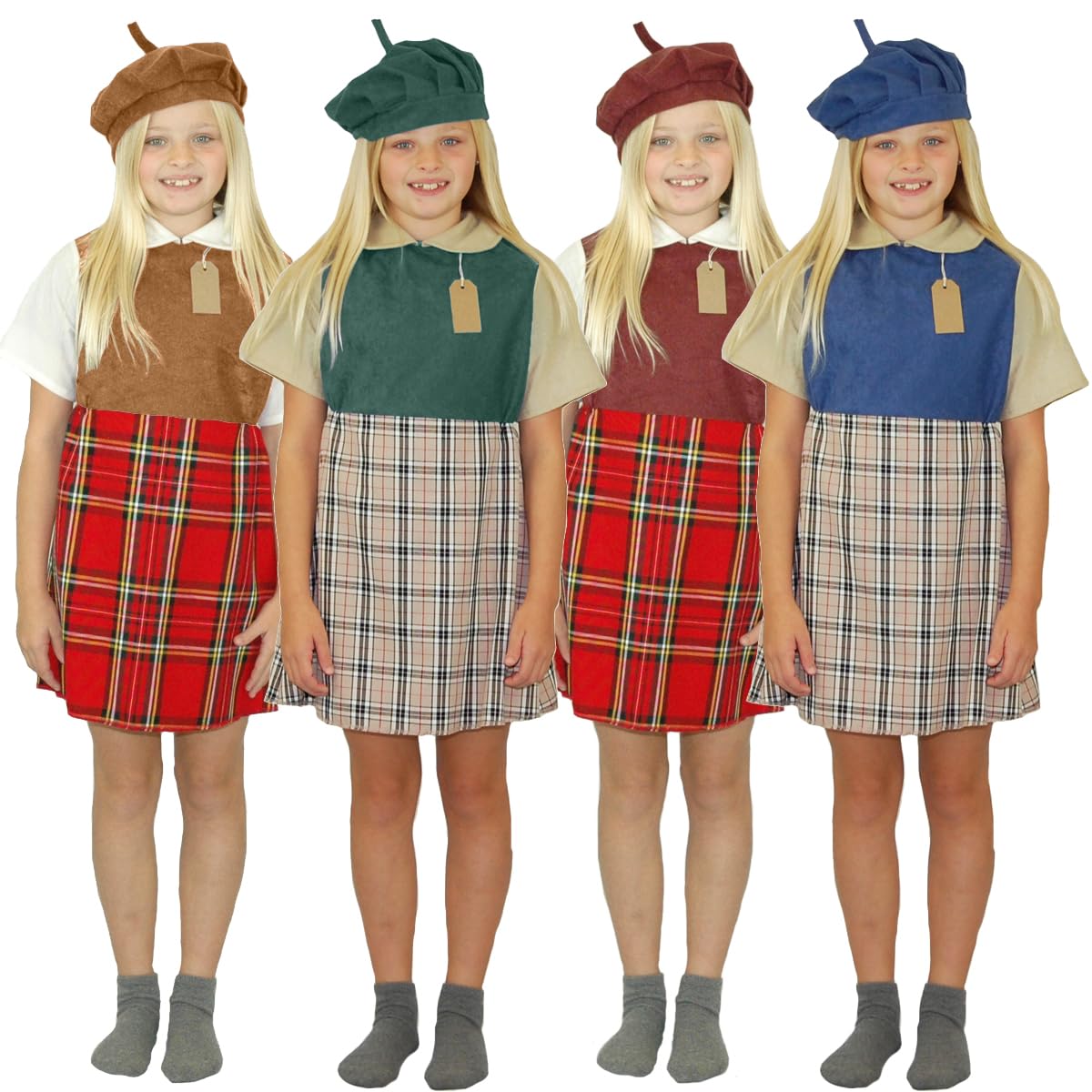 Charlie Crow WW2 Second World War Evacuee School Girl Costume for kids | 5-11 Years | Red, Green, Blue and Brown.