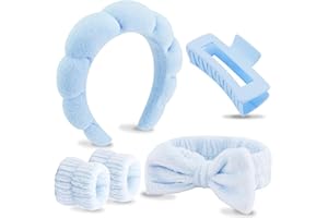 VELSCRUN Spa Headbands for Wash Face, Makeup Headband, Facial Skincare Headbands, 5 Pcs Blue Puffy Sponge Spa Headband Bow Tie Hair Band Hair Clips Wristband Set Women Girls Accessories
