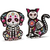 flangairy 2 Pcs Dia De Los Muertos Sugar Skull Dog Cat, Ofrenda Decorations | Wooden Sugar Skull Figurines, Day of The Dead Altar Supplies for Pets, Table Mantle Shelf Mexican Halloween Home Decor Indoor